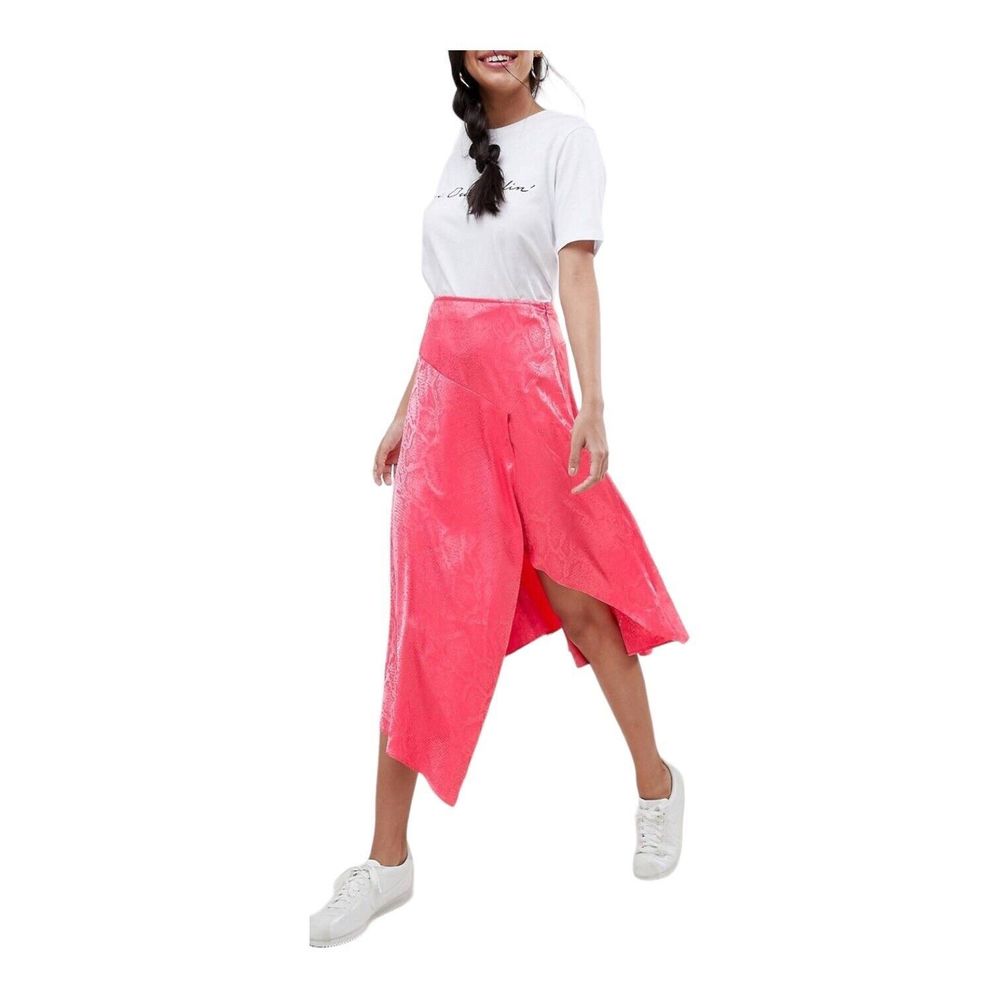 New ASOS Design Women's 6 Small Pink Asymmetrical‎ Hem Midi A Line Skirt Snake